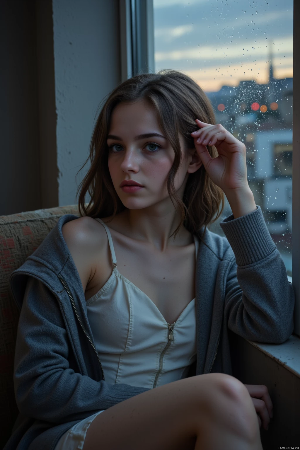 Realistic high quality photo. Female 29 with soft wavy dark hair, pale skin, piercing blue eyes, wearing a simple white dress under a gray coat, seated on a worn cushion in a small apartment, tracing rain droplets on the window glass at dusk, surrounded by muted interior light and a quiet melancholy.