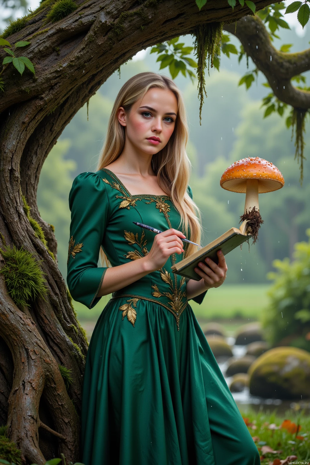 Realistic high quality photo. A 27‑year‑old woman with long blonde braids and bright green eyes, wearing a flowing emerald gown embroidered with leaves, stands in a rain‑shrouded forest clearing beside an ancient elder oak, chasing a crown‑shaped mushroom as a twisted root snatches her notebook, moss on the bark eye‑rolling, her quill poised, with dripping leaves and soft mist.