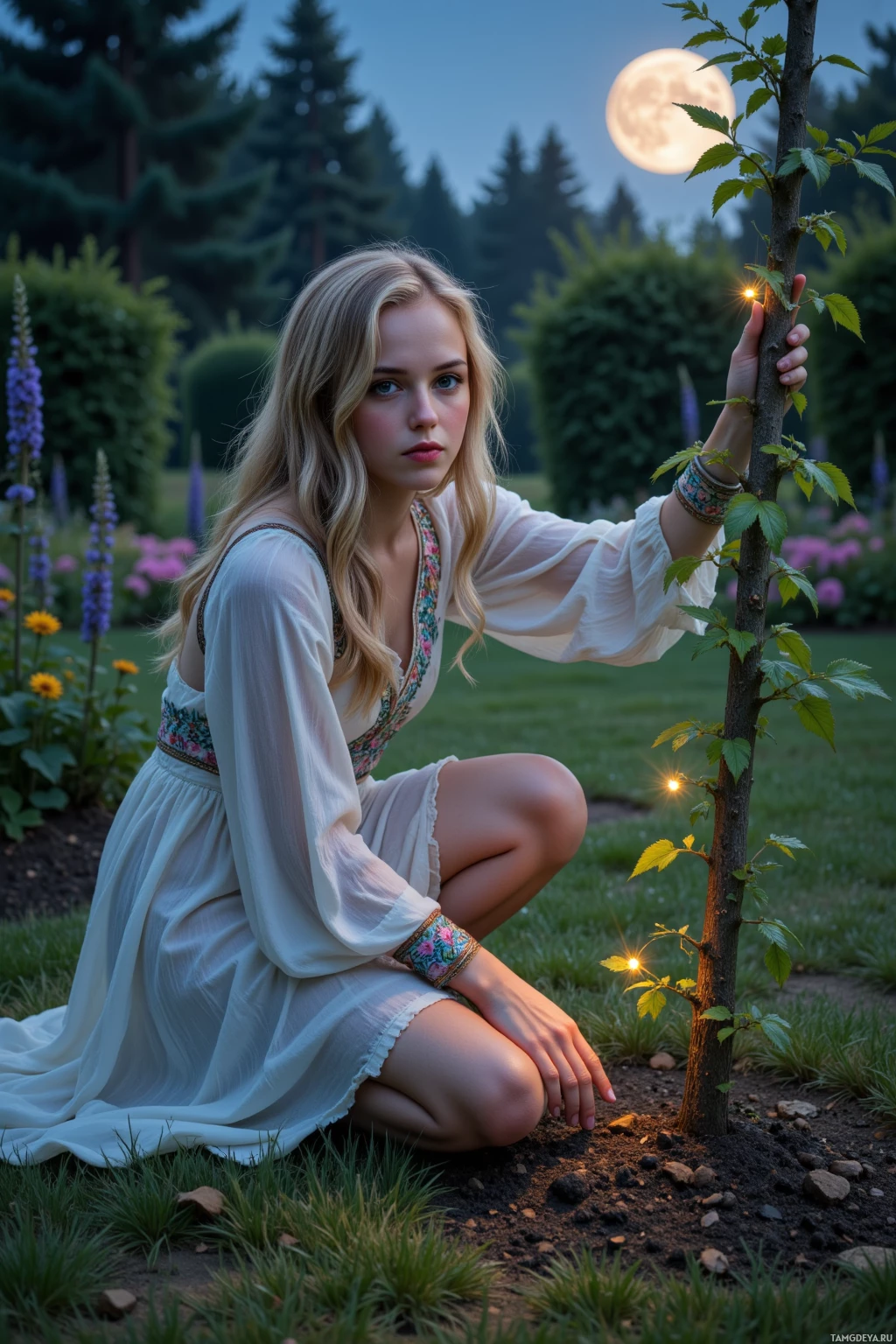 Realistic high quality photo. Female 29 with curly blonde hair, blue eyes, porcelain skin, wearing a flowy boho dress with intricate embroidery, kneels beside a young sapling in a moonlit garden at the edge of Silverwood, tracing bark and gently patting the soil as silver glow weaves through leaves and dew sparkles on petals.