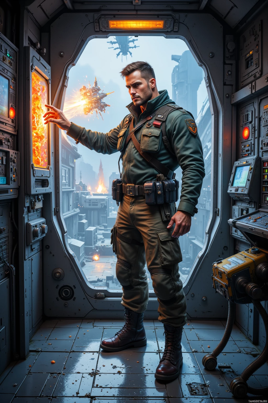 Realistic high quality photo. Muscular man, 34, short light brown hair, piercing blue eyes, wearing a military-style jacket, sturdy boots, cargo pants, standing on a high‑tech command deck with a glowing defensive lattice and complex control panels, flicking a glowing switch while alarms flash and drones fly outside the viewport, confident and battle‑ready.