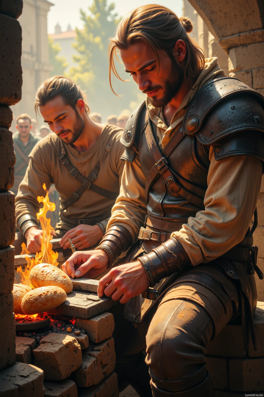 Realistic high quality photo. Male, 36, long light brown hair tied back, blue eyes, wearing a faded leather tunic with layered shoulder plates and dark beige trousers, sharpening a polished blade on a whetstone beside a forge with flickering fire, laughing with an old friend over a fire‑cooked loaf while debating trebuchet angles under warm afternoon sun.