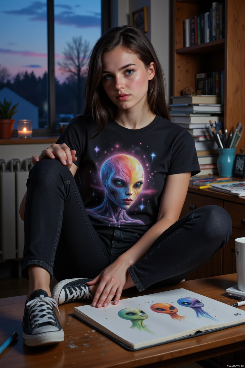 Realistic high quality photo. 25‑year‑old woman with shoulder‑length black hair, bright blue eyes, pale skin, wearing black jeans, a pixel‑art graphic tee, and black high‑top sneakers, sits in a dimly lit home studio at dusk, sketching alien creature designs on a sketchpad surrounded by drawing tools, a mug of coffee, and stacks of comic books.