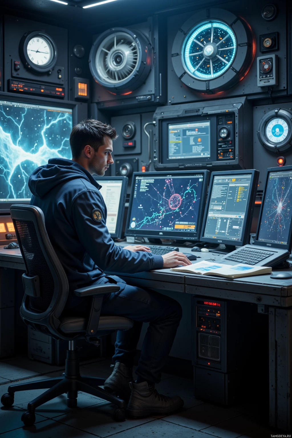 Realistic high quality photo. Male, 35, short black hair, sharp brown eyes, pale focused expression, wearing a dark‑gray techwear jacket, black cargo pants, lightweight boots, sits at a dimly lit command console in a high‑tech control room, monitoring a holographic map of encrypted constellations with shadowed breach ripples, night ambience of soft whirring cooling fans and metallic code glow.