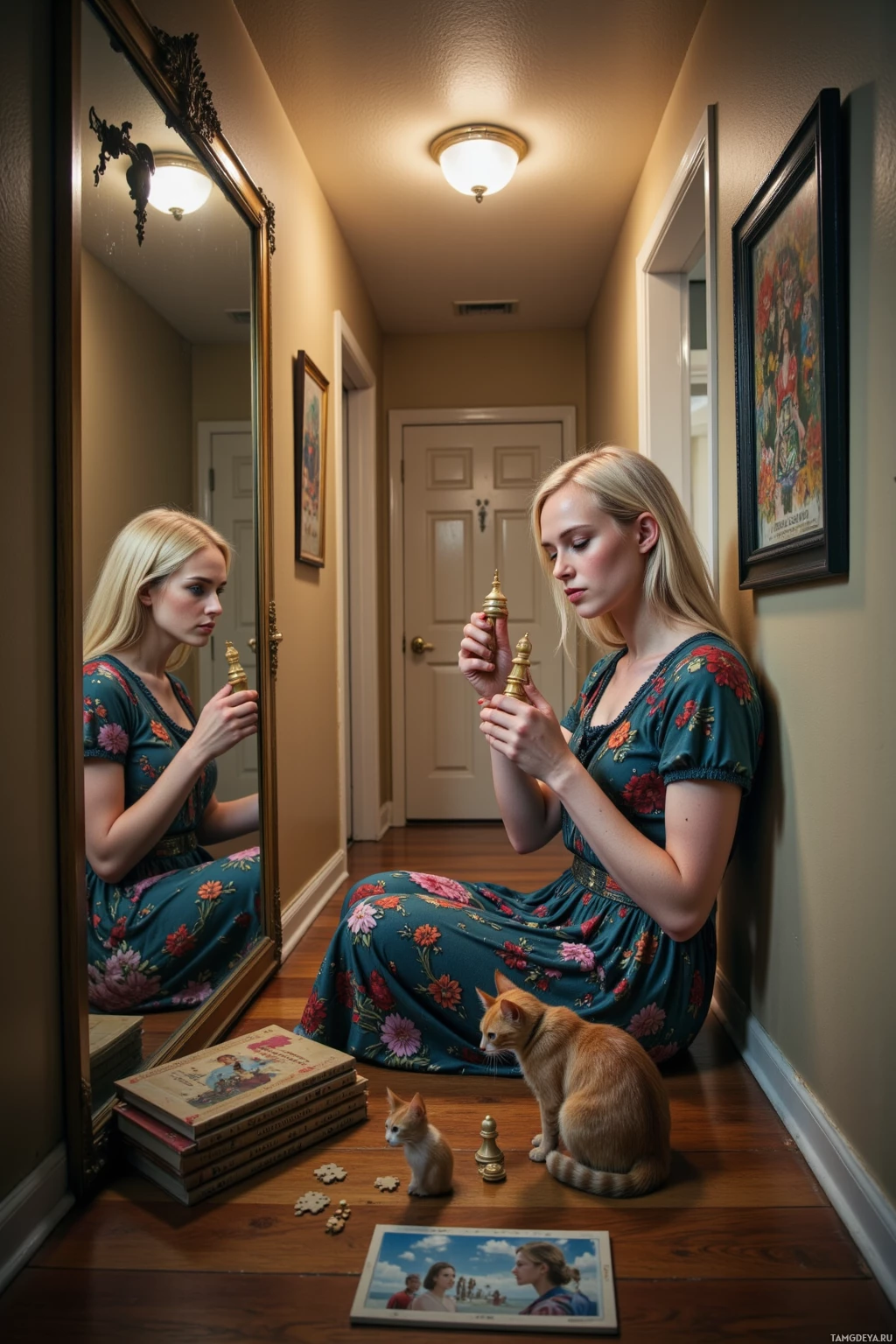 Realistic high quality photo. Female 33 with asymmetrical blonde hair, green eyes, pale skin, wearing an eclectic colorful bohemian dress, playing chess with her reflection in a reflective hallway, the queen piece raising a toast, a flickering streetlamp casting uneven light, a neighbor's cat nodding, and a stack of forgotten puzzle books beside her.