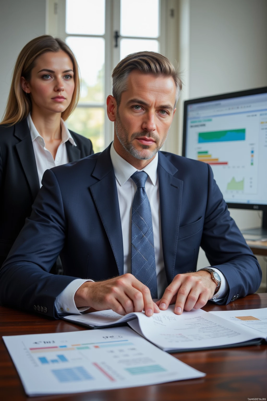 Realistic high quality photo. A 45‑year‑old seasoned businessman with neatly styled blonde hair, blue eyes, wearing a dark navy suit, crisp white shirt, and silk tie, sits at a polished wooden office desk polishing a ledger while a young woman in a blazer listens, in a bright modern office with a spreadsheet on a monitor, exuding calm confidence and mentorship.