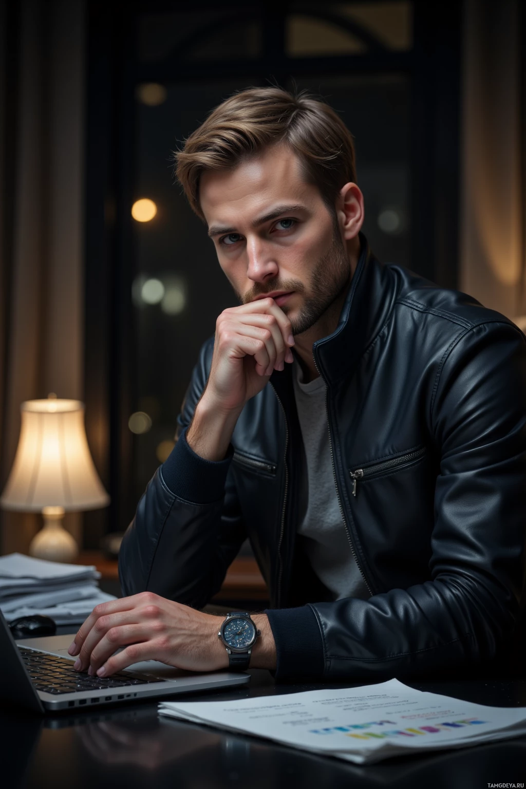Realistic high quality photo. A 31‑year‑old man with short light brown hair, blue eyes, fair skin, wearing a sleek jacket and trendy jeans, sitting at a dimly lit office desk with a laptop and paper notes, thoughtfully planning a project at night, his posture calm and focused.