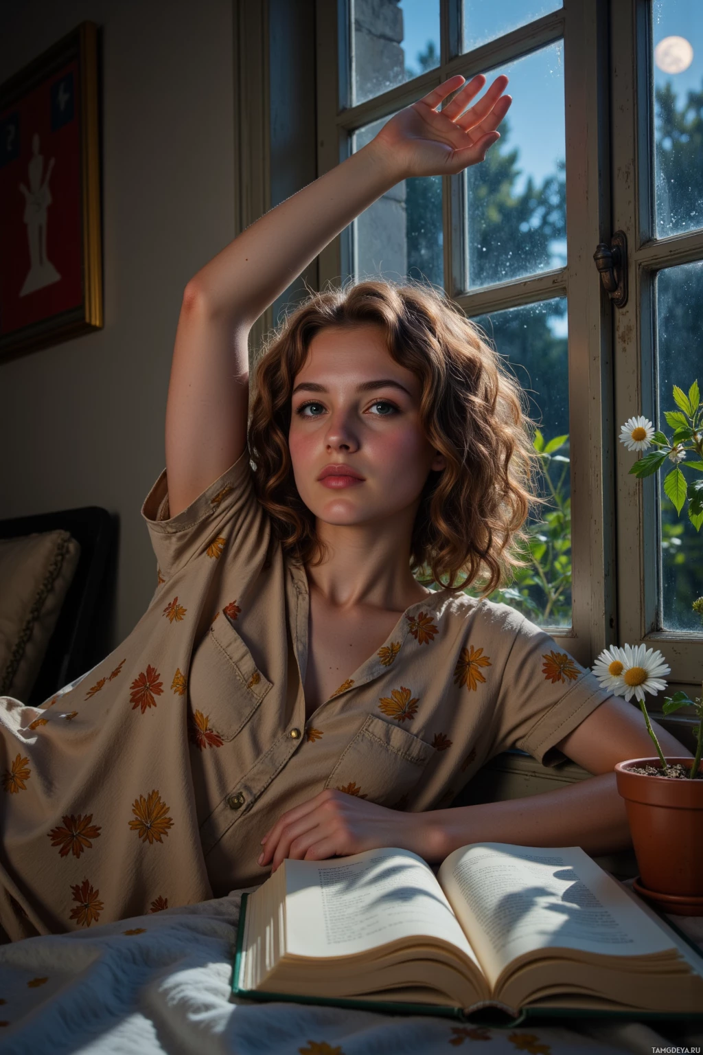 Realistic high quality photo. A 29‑year‑old woman with curly brown hair and hazel eyes, warm beige complexion, wearing a relaxed‑fit tunic with leaf patterns in earthy tones, gently stretches at her bedroom window at night while moonlight forms a silver thread across the glass, a small pot of chamomile and an open journal sit beside her, and the garden outside shows shifting leaves illuminated by low moonlight.