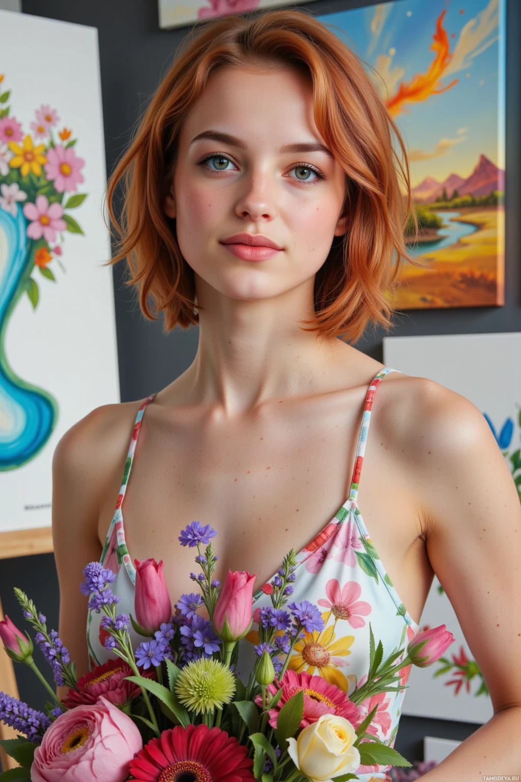 Realistic high quality photo. Woman, 26, vibrant red curly hair, green eyes, radiant confident smile, wearing a colorful floral sundress, stands in a modern studio with canvases of bright floral protest art depicting river protection, a freshly painted flame catching natural midday light, holding a bouquet of fresh flowers, her posture determined and bold.