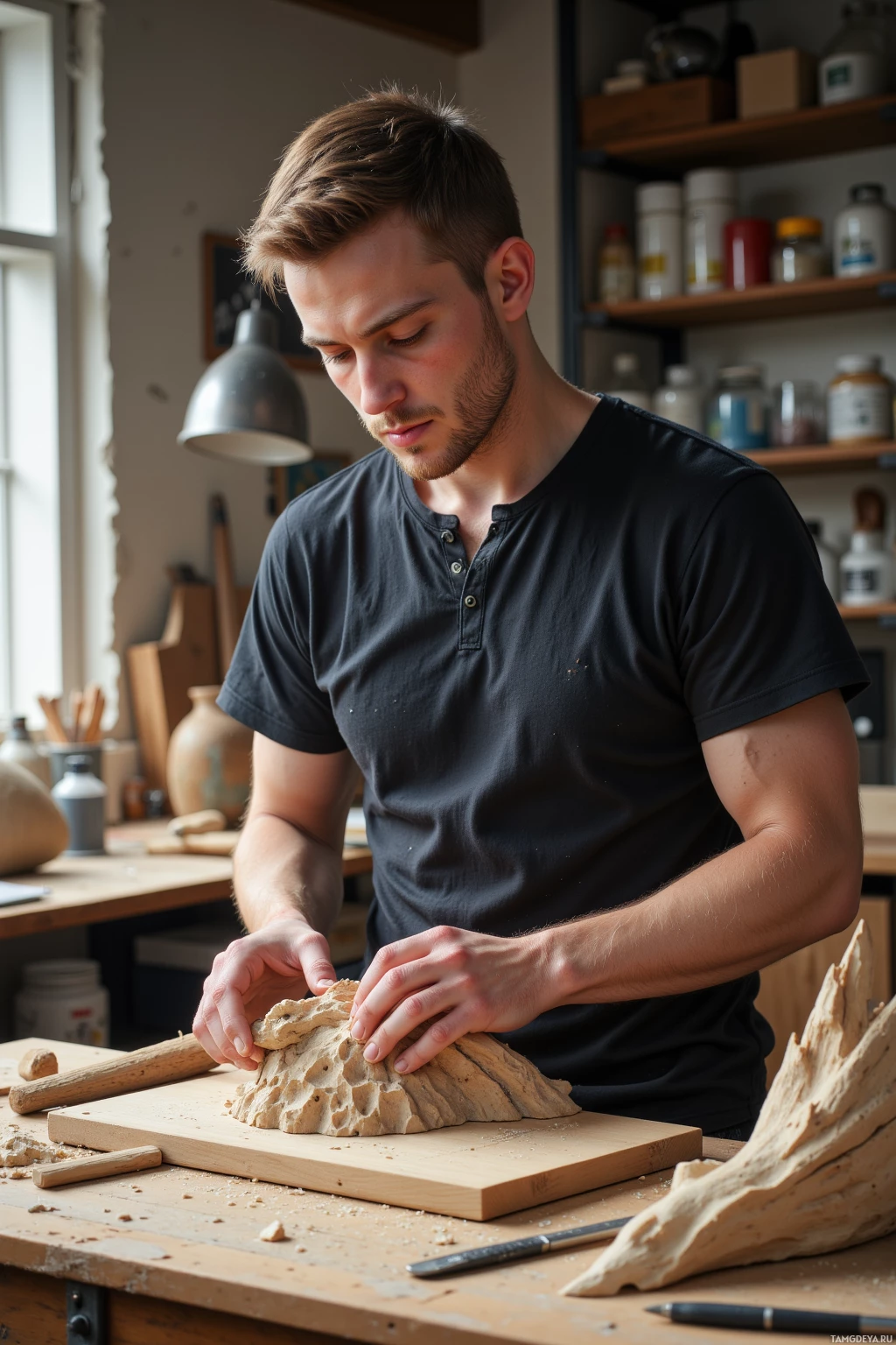 Realistic high quality photo. Male, 32, short brown hair, blue eyes, pale skin, wearing a fitted medieval‑style T‑shirt, carving the final ridge of a detailed dragon model from a block of oak on a wooden workbench in a modern workshop, afternoon light filtering through a window, tools scattered nearby.