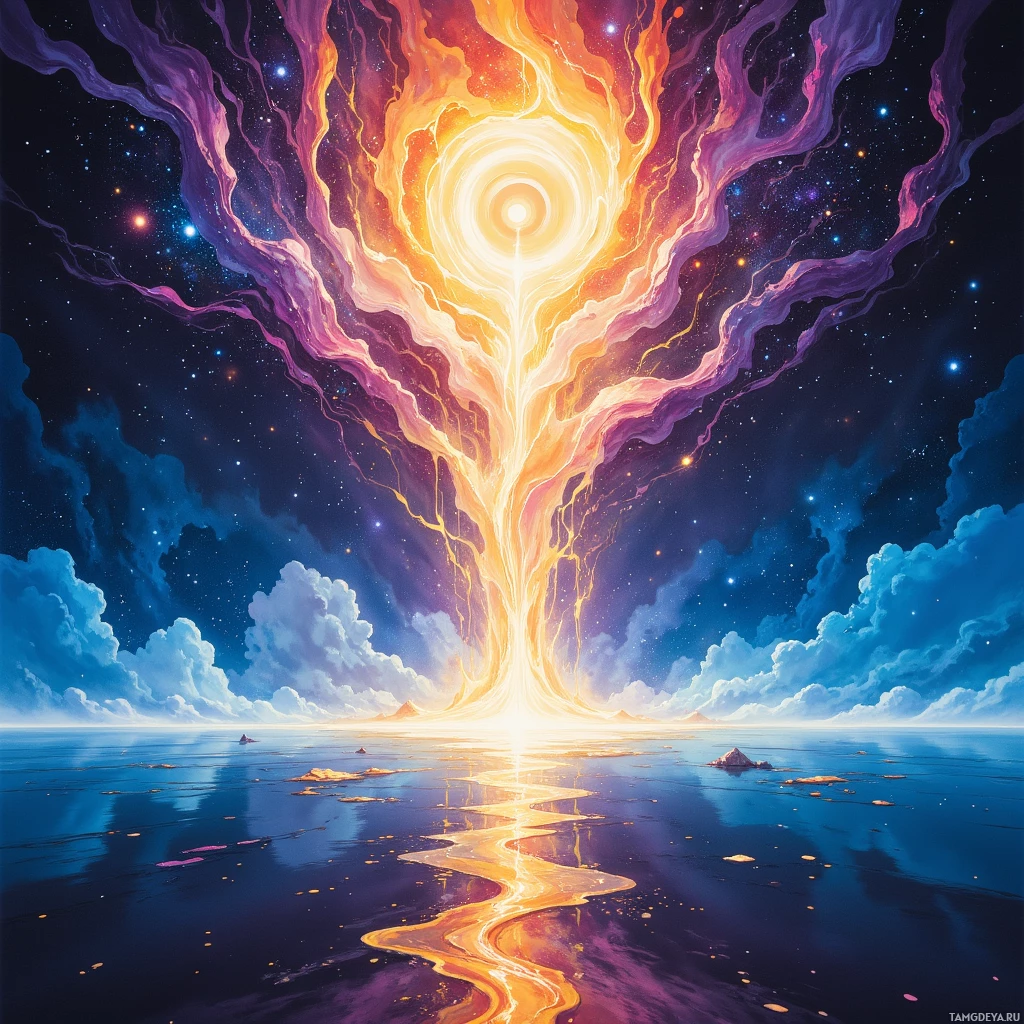 Semi-abstract image with many empty light space at center of beautiful background, that is suitable for the post:  Ink drips like molten stardust onto midnight's silk, chasing horizons no eye can follow.