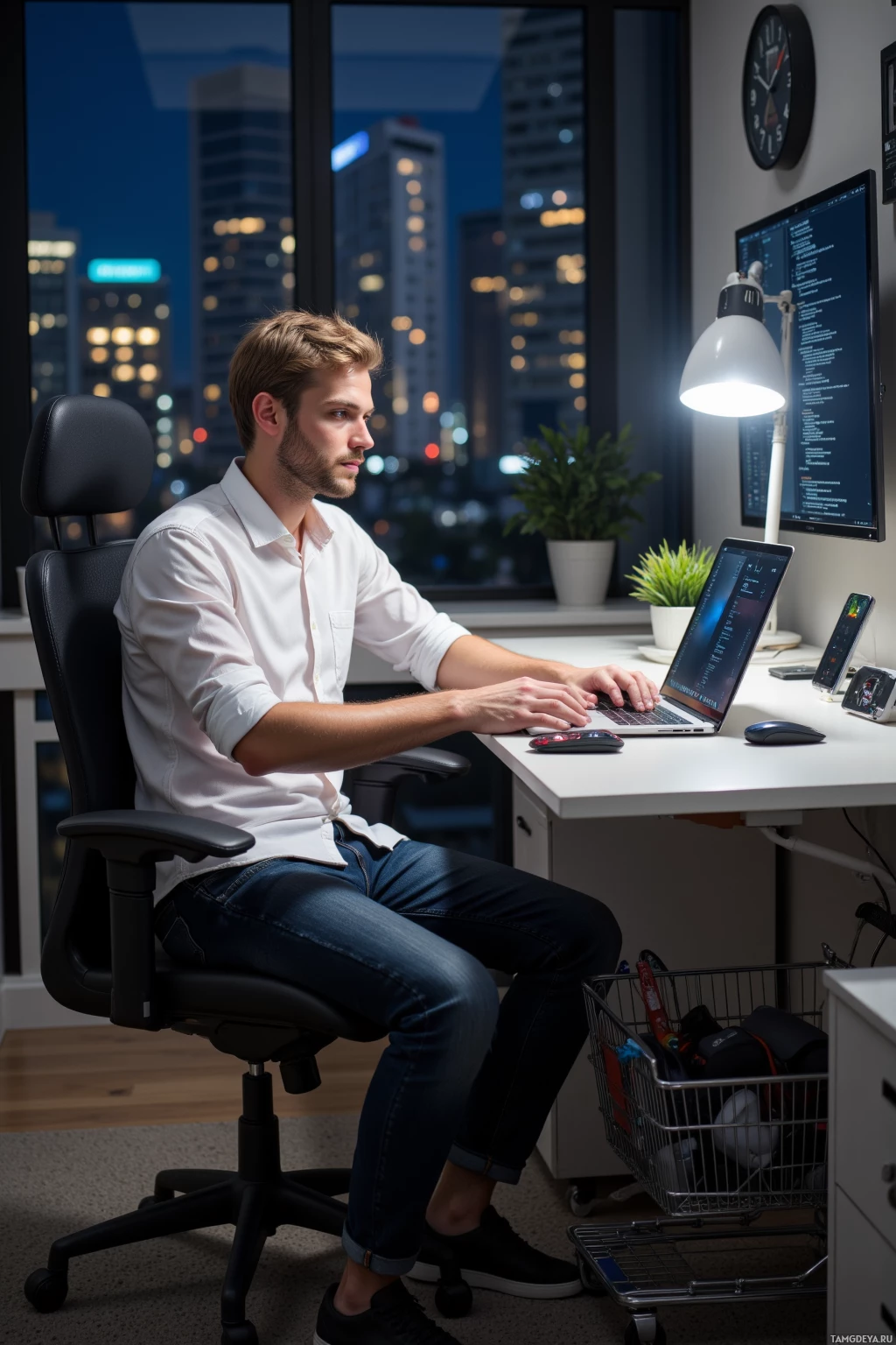 Realistic high quality photo. Male, 36, short blonde hair, blue eyes, pale skin, wearing a white button‑down shirt, dark jeans, black sneakers, seated at a modern home office desk at night, laptop open showing code, holding a shopping cart filled with various tech gadgets, pointing at the screen.