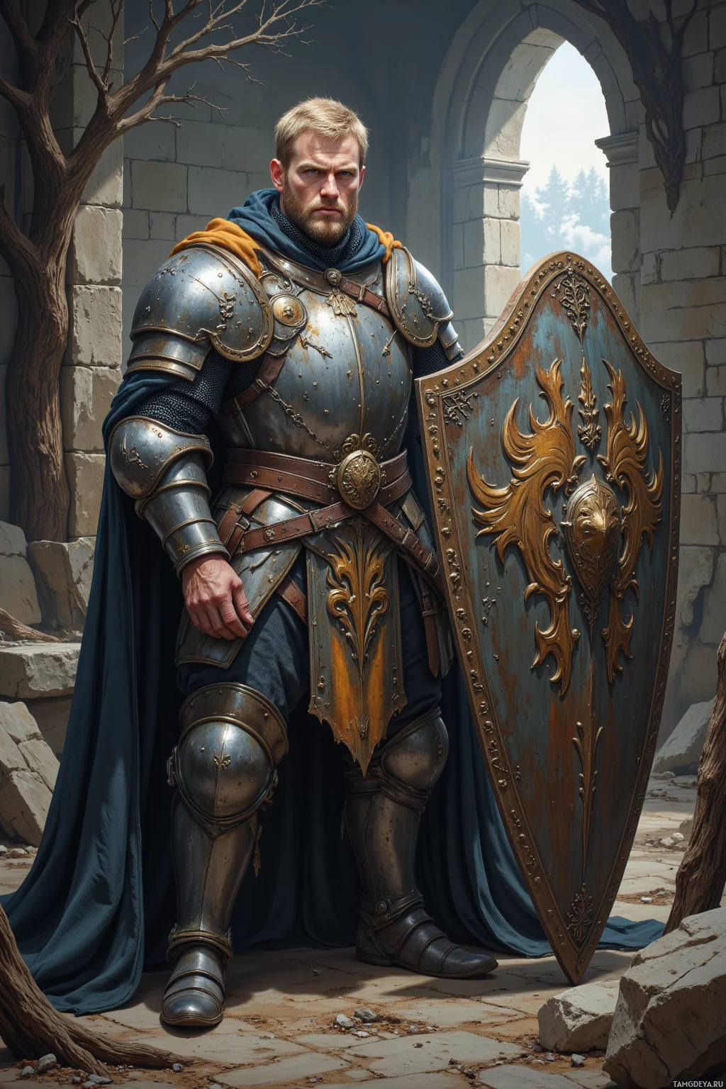 Realistic high quality photo. A stocky 34‑year‑old male knight with short blonde beard, piercing blue eyes, pale skin, clad in weathered sturdy armor and a heavy warrior’s cloak, polishing his armor inside an abandoned keep with crumbling stone walls, broken windows, wind rattling dust, a scorched old oak tree leaning against the wall, a village elder debating a reusable shield beside him, medieval fantasy setting.