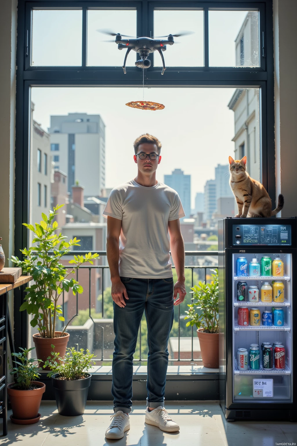 Realistic high quality photo. A 27‑year‑old male with short dark blonde hair, bright blue eyes, wearing sleek glasses, a plain white t‑shirt, dark jeans and sneakers, standing in a sleek loft with a rooftop garden visible through a glass window, piloting a small drone that mistakenly drops a pizza onto a neighbor’s cat perched on a balcony rail, while a quantum battery prototype stuck in a loop sits on a workbench, an energy drink dispenser with glowing indicators looks alarmed, and a USB stick inside a refrigerator holds a glowing schematic, midday light filtering through the window.