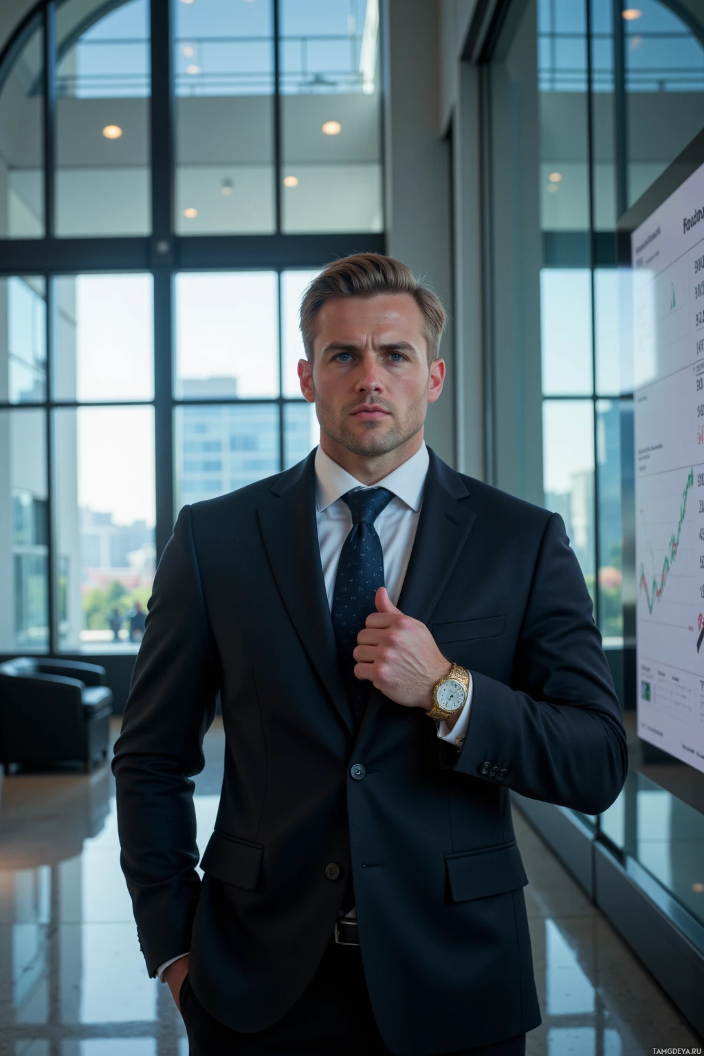 Мужчина в костюме стоит в современном офисном помещении.