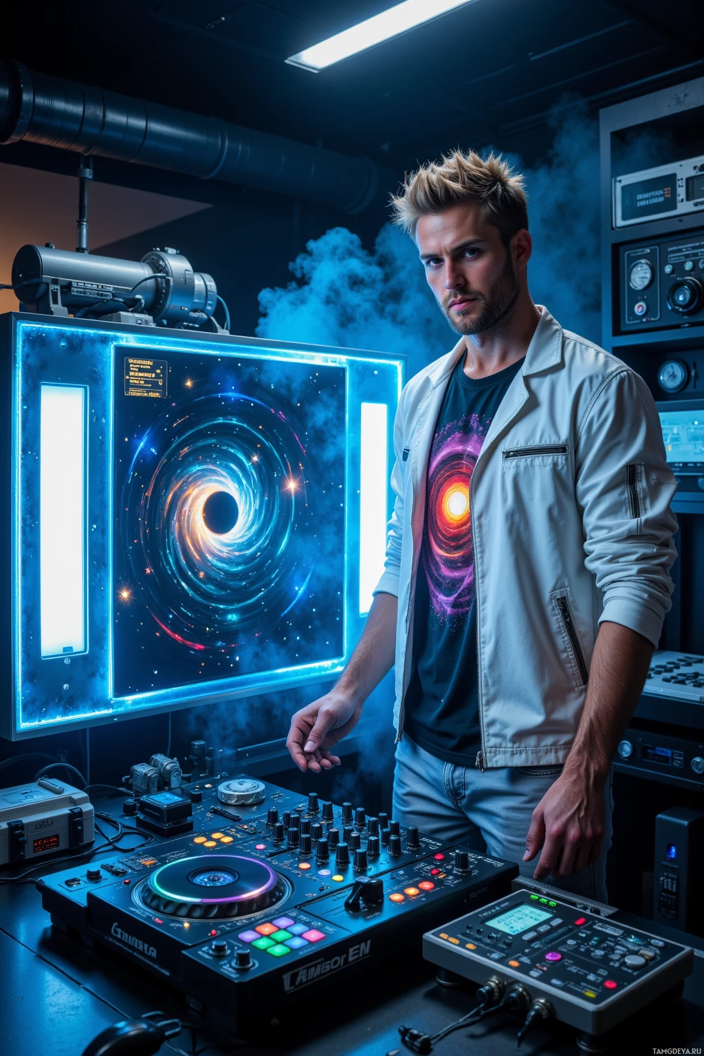 Realistic high quality photo. 30-year-old man with short spiked blonde hair, green eyes, wearing a white jacket with metallic trim over a space-themed T‑shirt and silver pants, standing in a dim high‑tech laboratory at night, rewiring a cryostat to pulse in sync with bright studio LEDs while a fog machine turns the lab into a swirling nebula, calibrating a DJ mixer beside a black‑hole simulator with holographic orbital trajectory charts and glowing instruments scattered around.