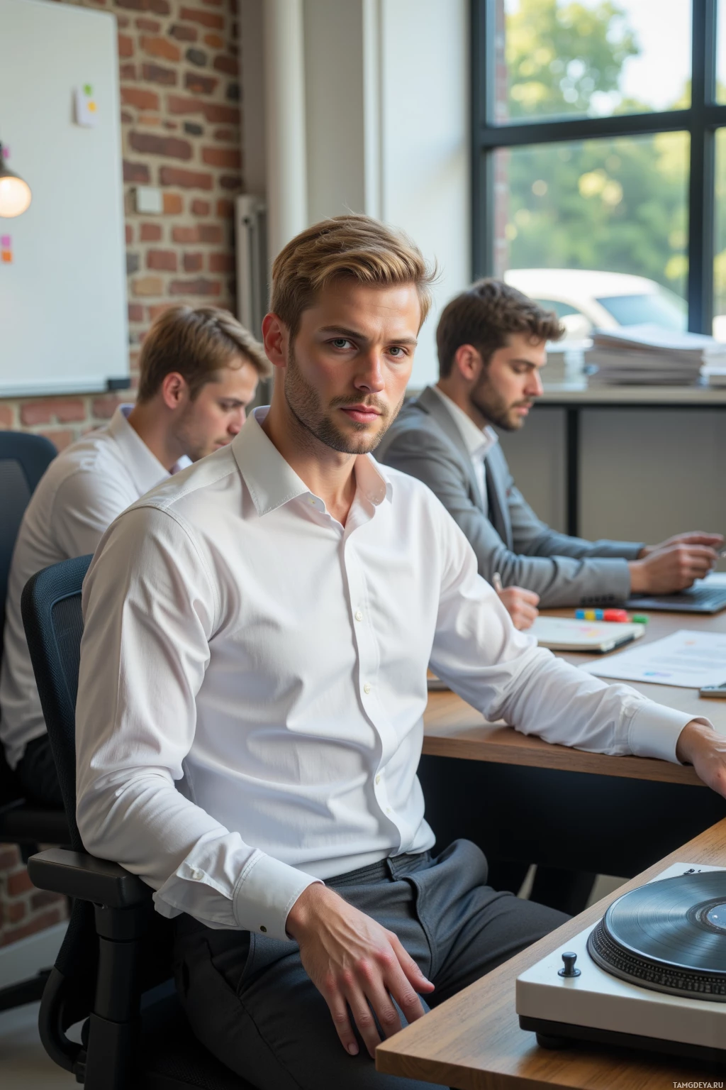 Трое мужчин в современном офисном пространстве, на переднем плане один в белой рубашке, на столе - проигрыватель пластинок.
