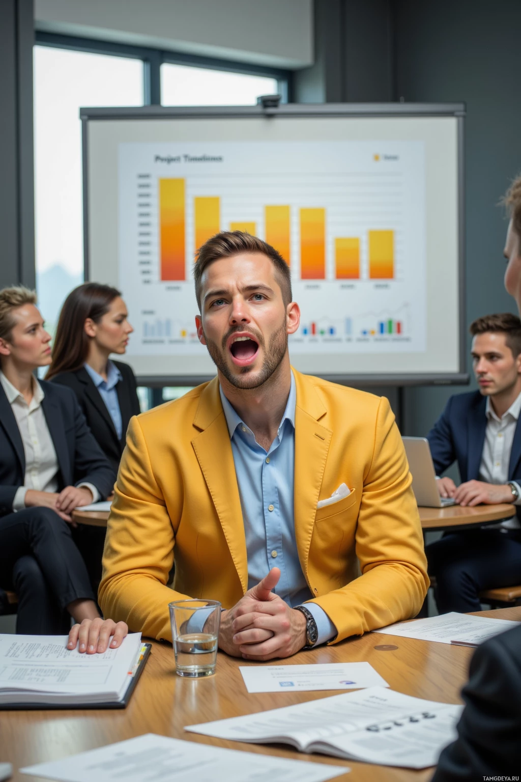 Мужчина в жёлтом пиджаке сидит за конференц-столом вместе с другими участниками, перед доской с презентацией.