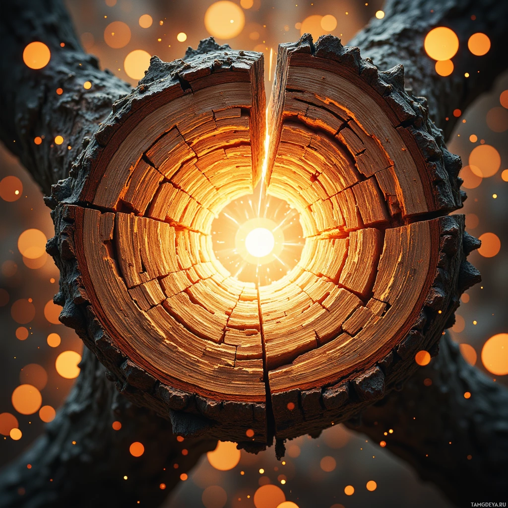 Срез ствола дерева, из центра которого исходит яркий, сияющий свет.
