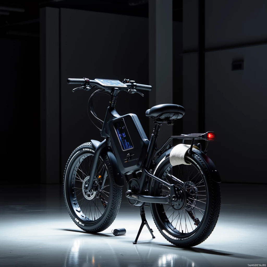 В полумраке комнаты представлен изящный, современный электровелосипед с цифровым дисплеем и багажником.