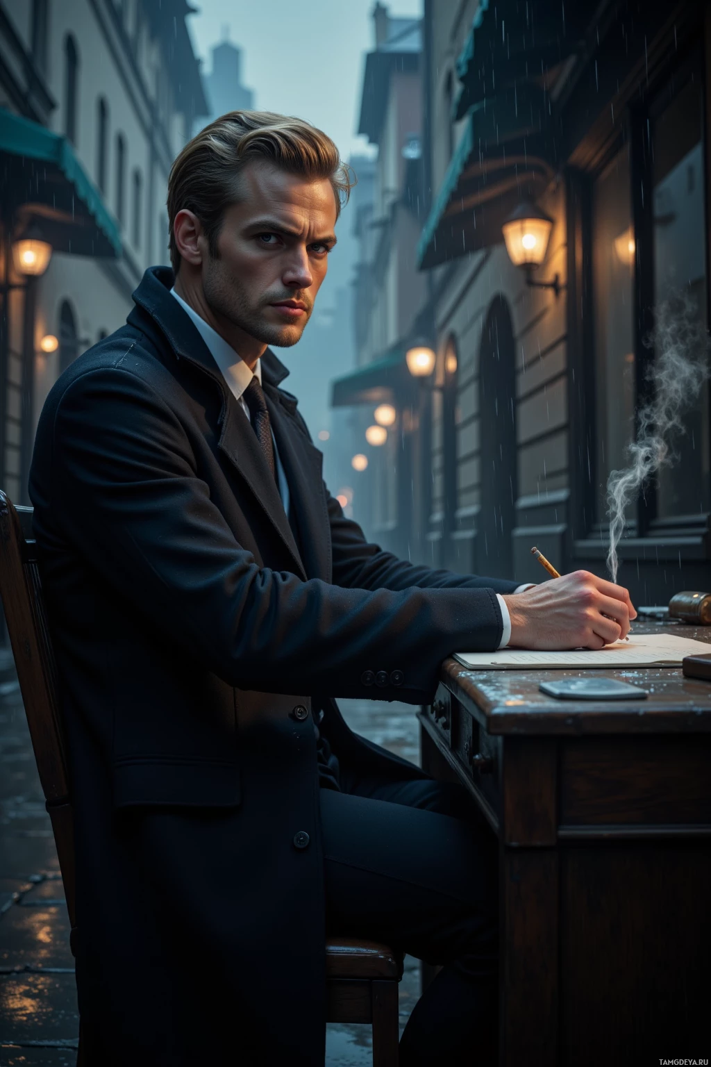 Realistic high quality photo. A tall, 35‑year‑old man with slicked‑back blonde hair, piercing blue eyes, pale complexion, wearing a tailored black trench coat over a crisp white shirt and black tie, seated at an immaculate desk in a rainy night alley with flickering streetlights, a single cigarette smoking in the corner, gazing at a distant skyline, noir atmosphere.
