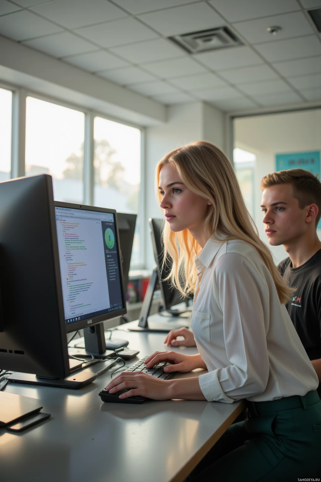 Двое сотрудников работают за компьютерами в современном офисе.