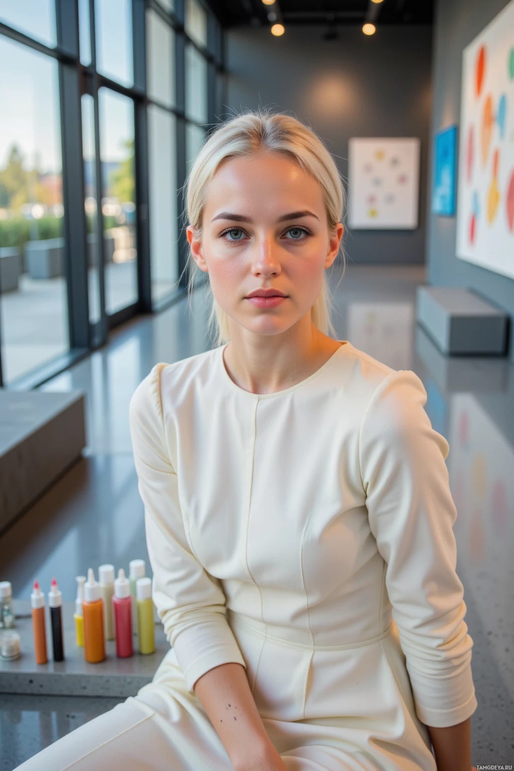 Realistic high quality photo. A 42‑year‑old woman with white hair in a sleek low ponytail, blue eyes, wearing a structured ivory dress with sharp lines and elbow‑length sleeves, calmly seated amid cracked pigment tubes in a contemporary museum hallway lined with digital display panels, late afternoon light filtering through large windows.