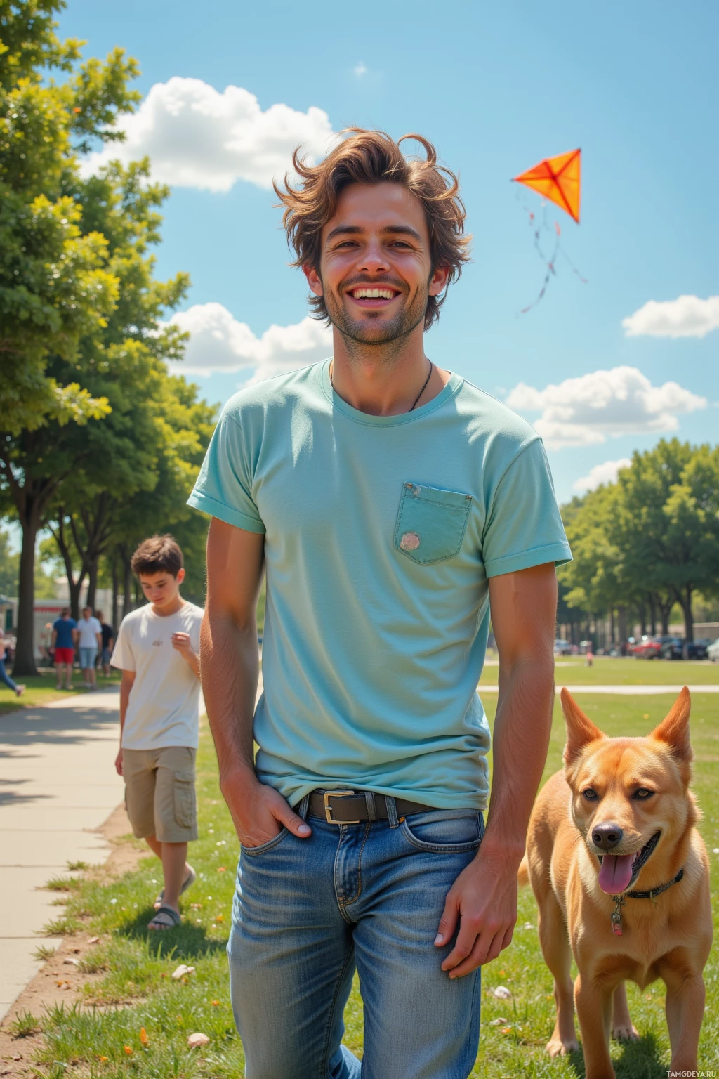 Realistic high quality photo. A 22‑year‑old man with messy brown hair, bright blue eyes, pale skin, wearing a faded light blue T‑shirt and worn casual jeans, laughs in a sunny park while a stray dog pulls a kite skyward, a child with a wide grin watches, and the child's father smiles beside them under a clear blue sky.