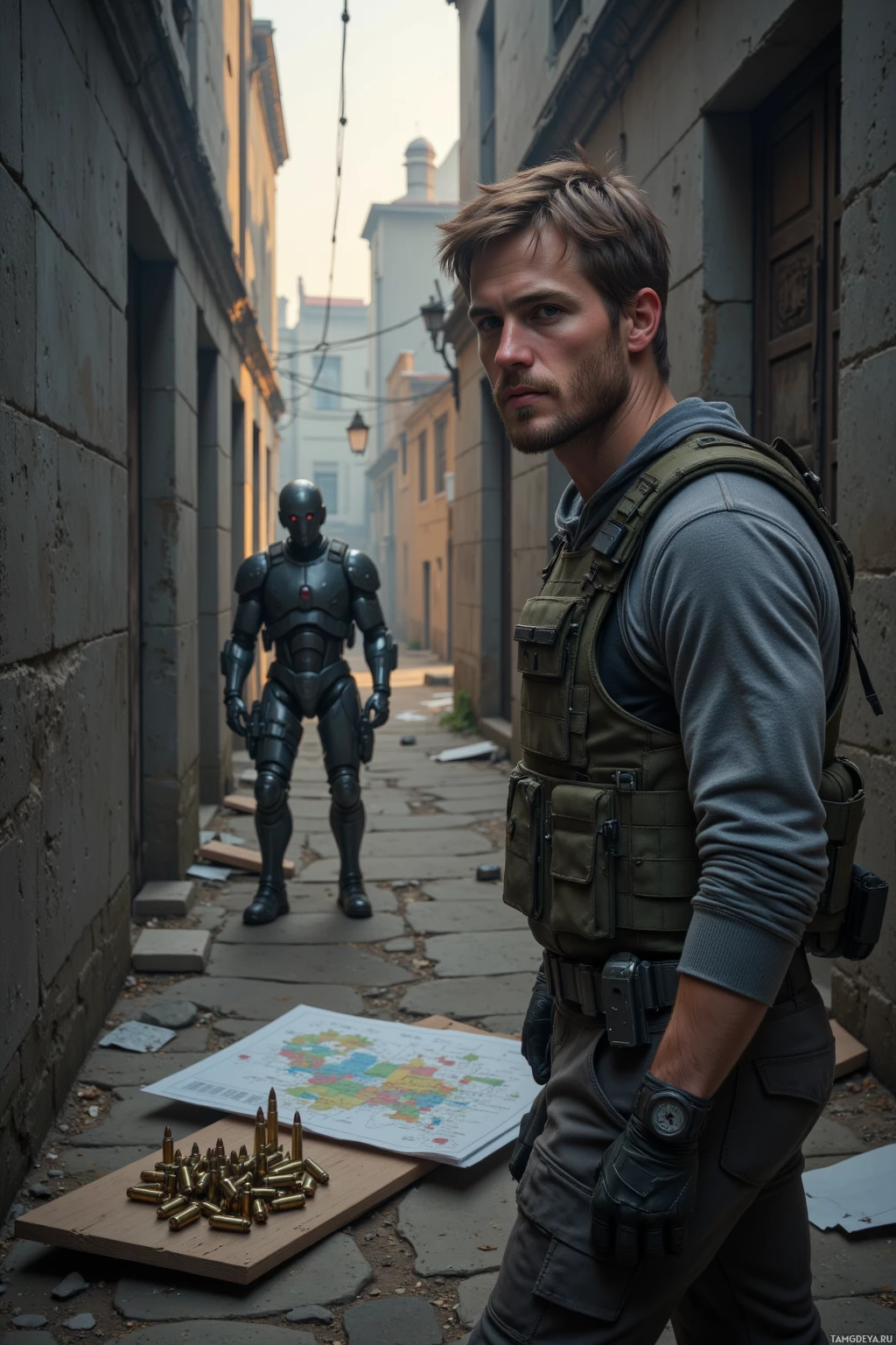 Realistic high quality photo. A 29‑year‑old man with light brown hair, blue eyes, scruffy beard, wearing a dark green tactical vest over a faded gray thermal shirt, stands in a ruined concrete alley at dusk, surrounded by piles of 9mm cartridges and a 2×2 wooden plank, berating a looping AI companion robot trapped in a corner, with an inventory map spread on the cracked floor.