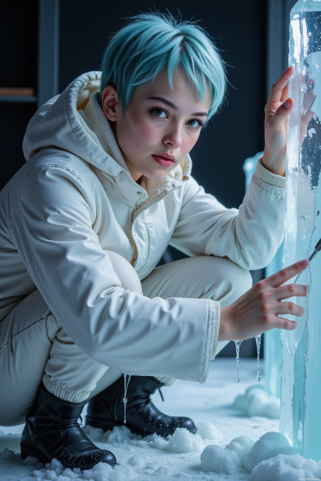 Realistic high quality photo. A 25‑year‑old woman with short icy blue hair, fair skin, calm eyes, slender build, wearing a thick white parka, matching pants and warm black boots, works alone in a dim modern ice sculpting studio, chiseling a block of ice with a tool while droplets of melting water fall, her face showing serene focus.