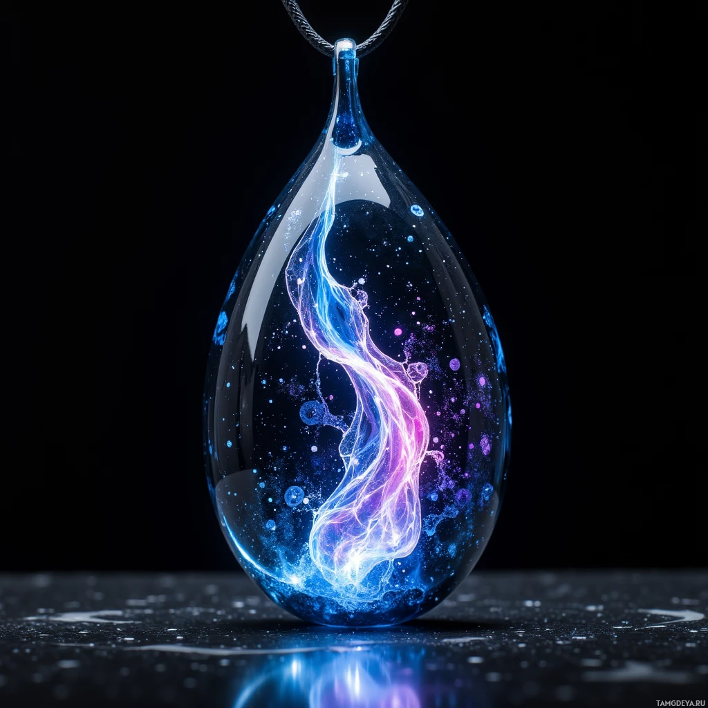 Semi-abstract image with many light, that is suitable for the post:  A minimalist pendant of matte obsidian glass with a thin iridescent silver filament swirling inside like liquid mercury, shifting between soft blue and electric pink hues.