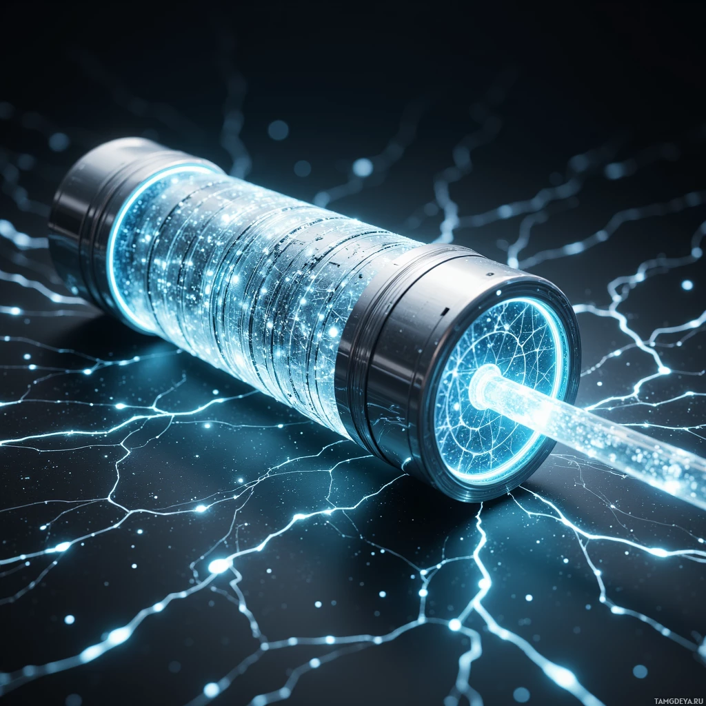Цилиндрический объект испускает яркий синий свет и энергетические лучи на темном фоне.