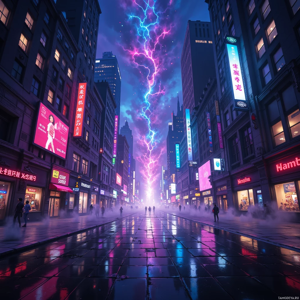 Улица ночного города, залитая неоновым светом, с вспышками молнии и мокрой брусчаткой, отражающей буйство красок.