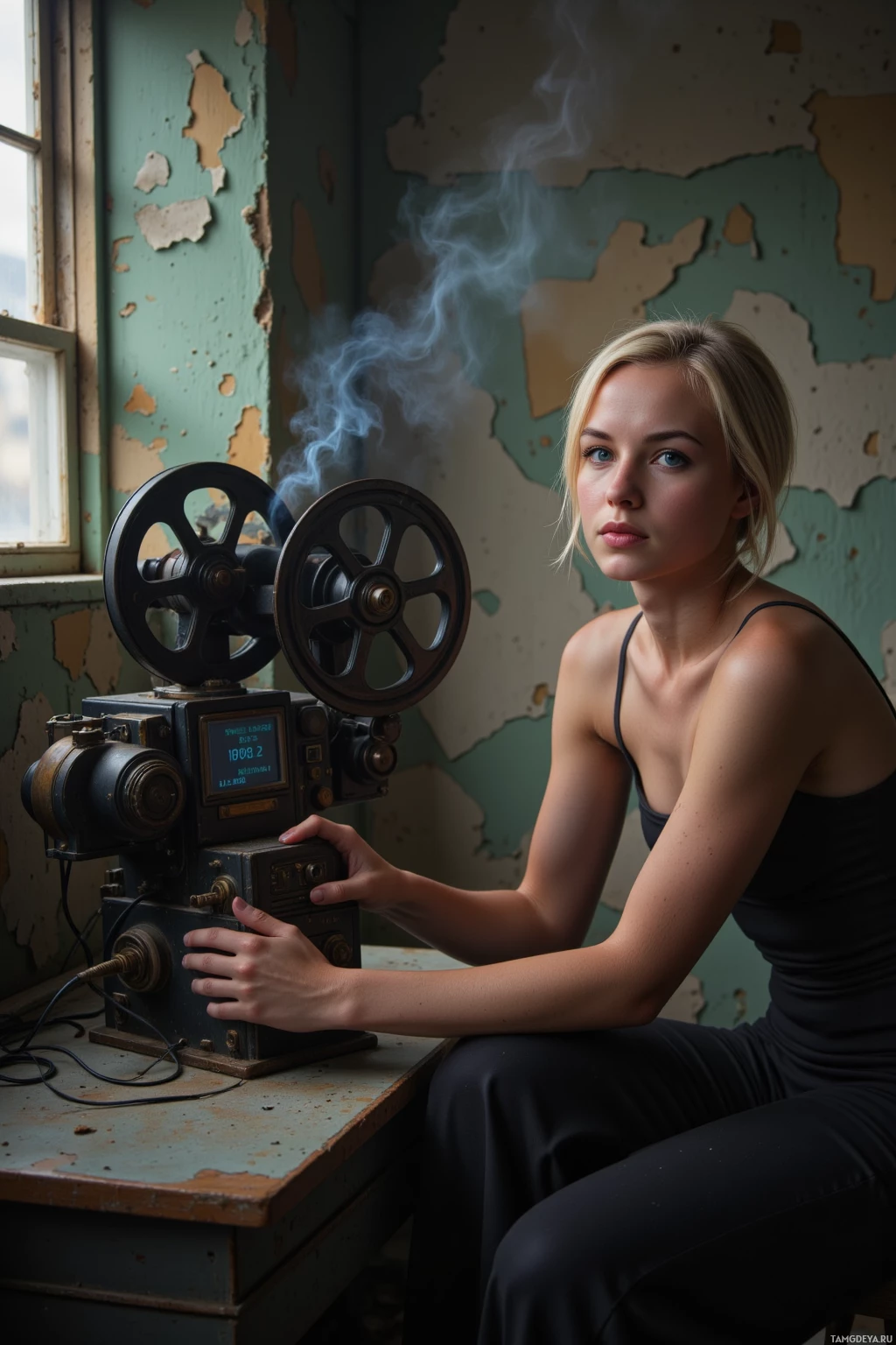 В полуразрушенной комнате женщина сидит рядом со старым, дымящимся механизмом.