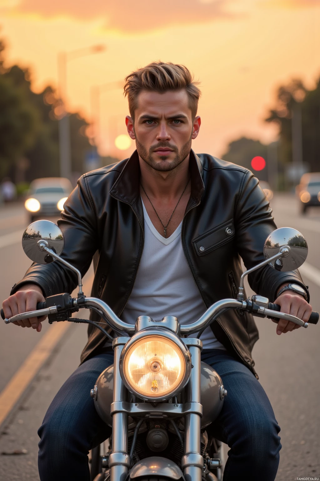 Realistic high quality photo. Tall muscular 27‑year‑old man with slicked‑back blonde hair, blue eyes, wearing a black leather jacket, white tank top and dark jeans, riding a chrome motorcycle on a highway at sunset, wind whipping his hair, traffic lights blur behind him, exuding adrenaline.