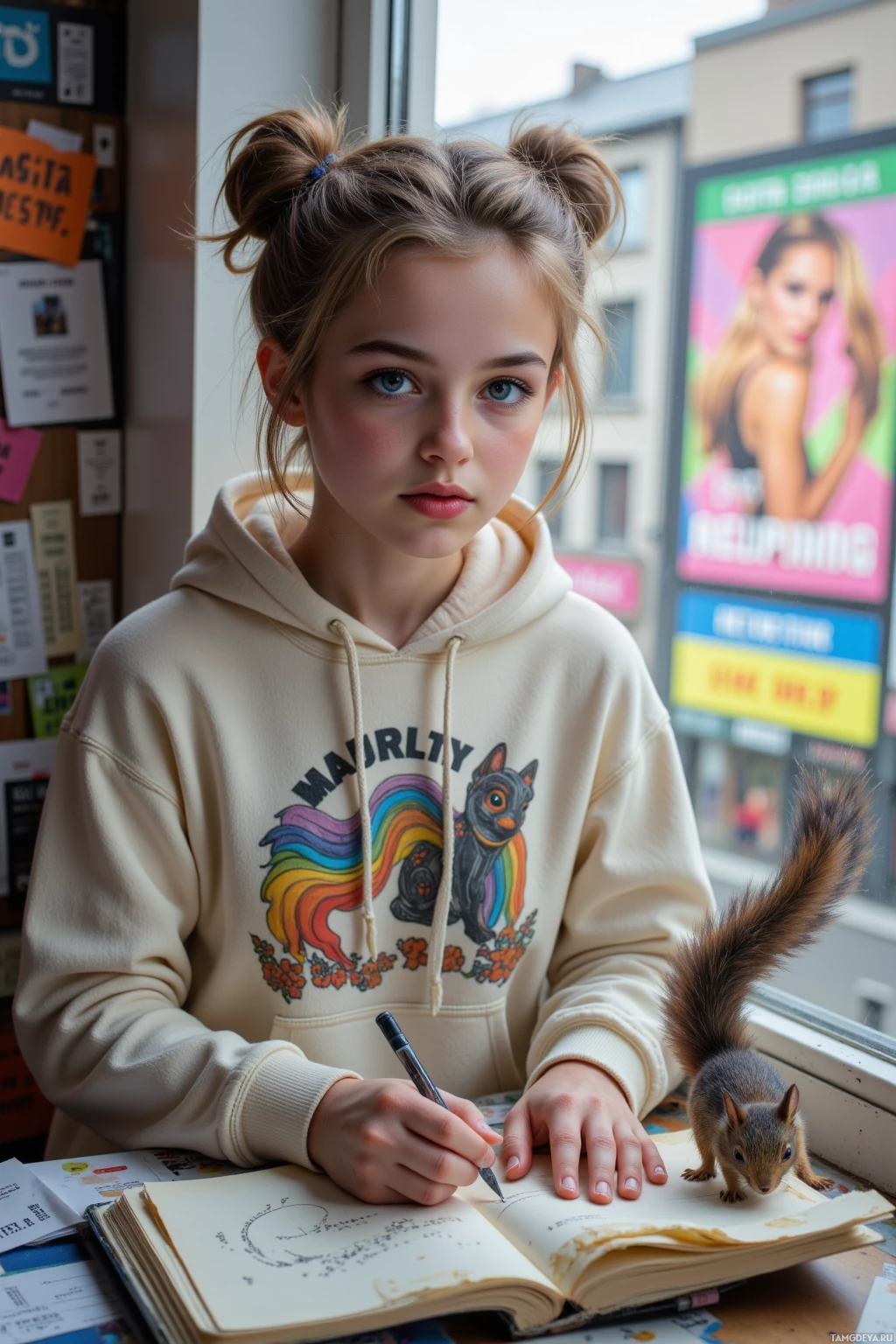 Realistic high quality photo. Young woman, 20, light brown curly hair in twin buns, bright blue eyes, pale skin, wearing an oversized casual hoodie, sitting at a cluttered windowsill chasing a small squirrel, sketching a rainbow tail on a torn notebook page, phone on her lap with doodle reply, window view of a chaotic collage of receipts and colorful neon billboards, afternoon light, restless hands in motion, playful and determined expression.