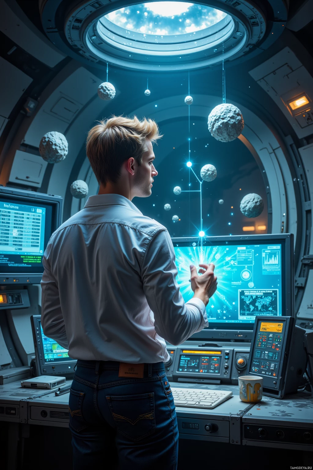 Realistic high quality photo. Male, 27, with neatly styled blonde hair, piercing blue eyes, pale skin, wearing a crisp white shirt and dark slim jeans, stands in a dimly lit starship data bay, staring at holographic graphs of the Nova‑3 asteroid belt while a floating mood sensor projects random binary variables, a decision tree stuck at node 7 displayed on a console, and the asteroid belt visible through a viewport.