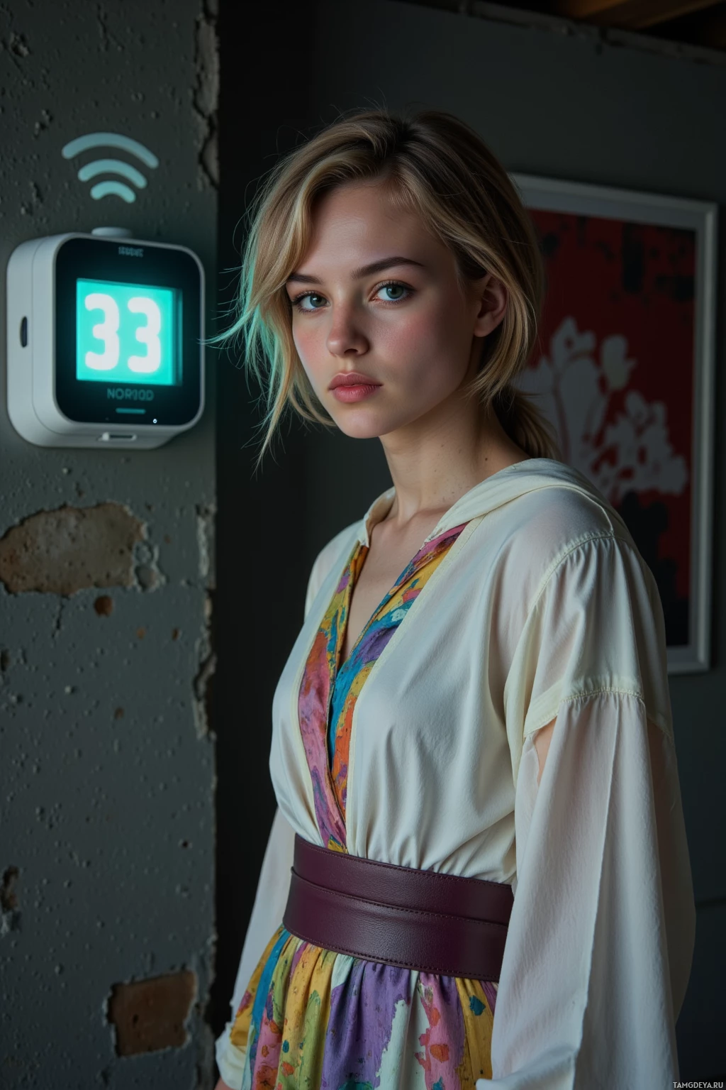У женщины за спиной стена, на цифровом устройстве которой отображается число "33".