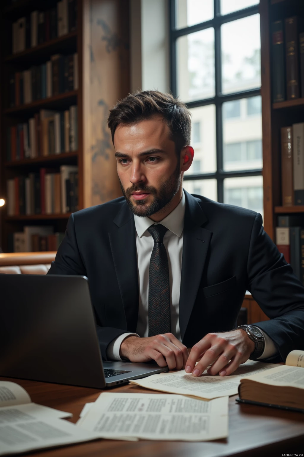 Мужчина в костюме сидит за столом с ноутбуком и книгами, выглядит сосредоточенным.