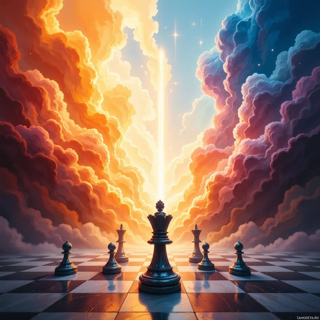 Сюрреалистичная сцена: шахматная доска с фигурами на фоне драматичного неба с облаками и ярким лучом света.