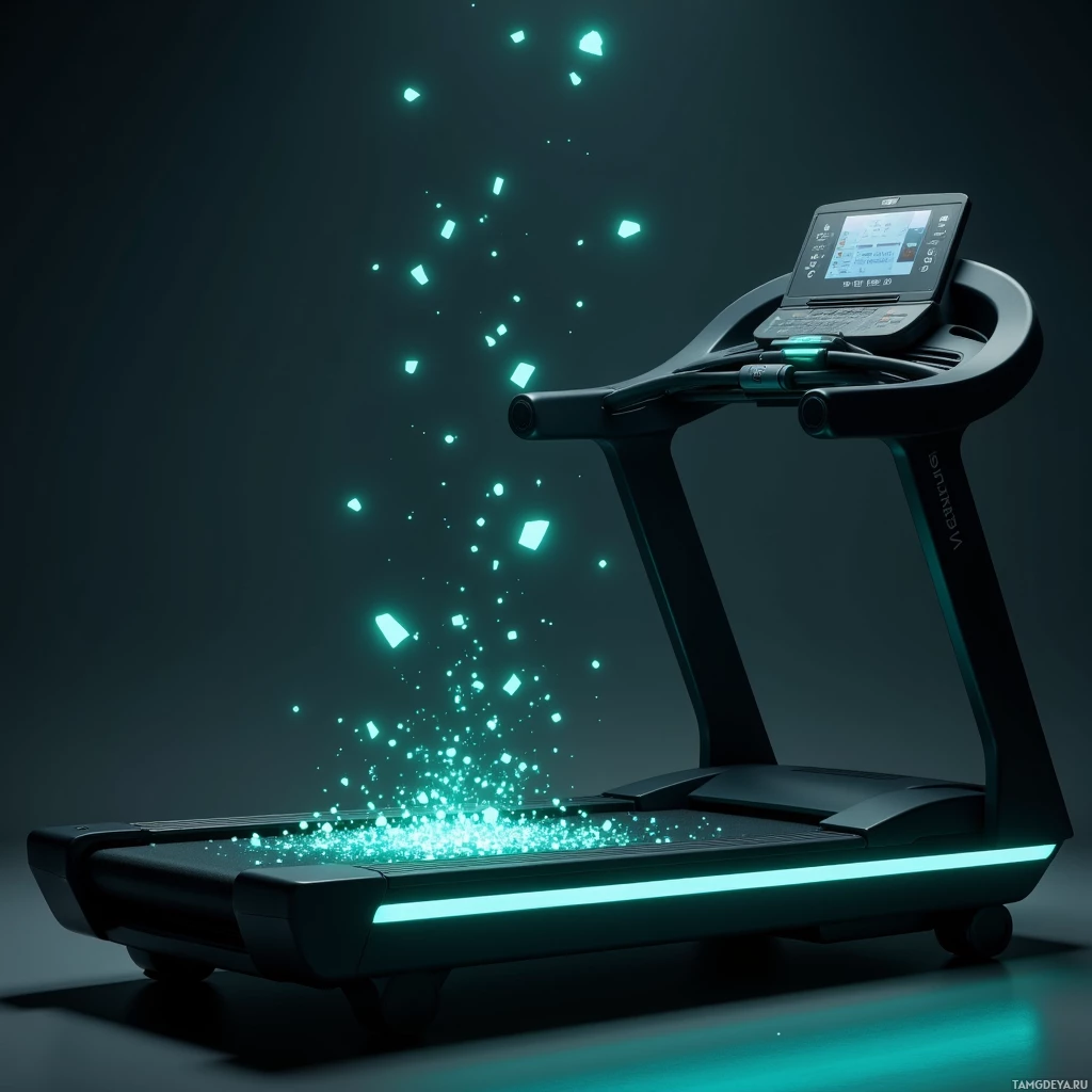 Беговая дорожка в футуристическом стиле с подсветкой и цифровым дисплеем.