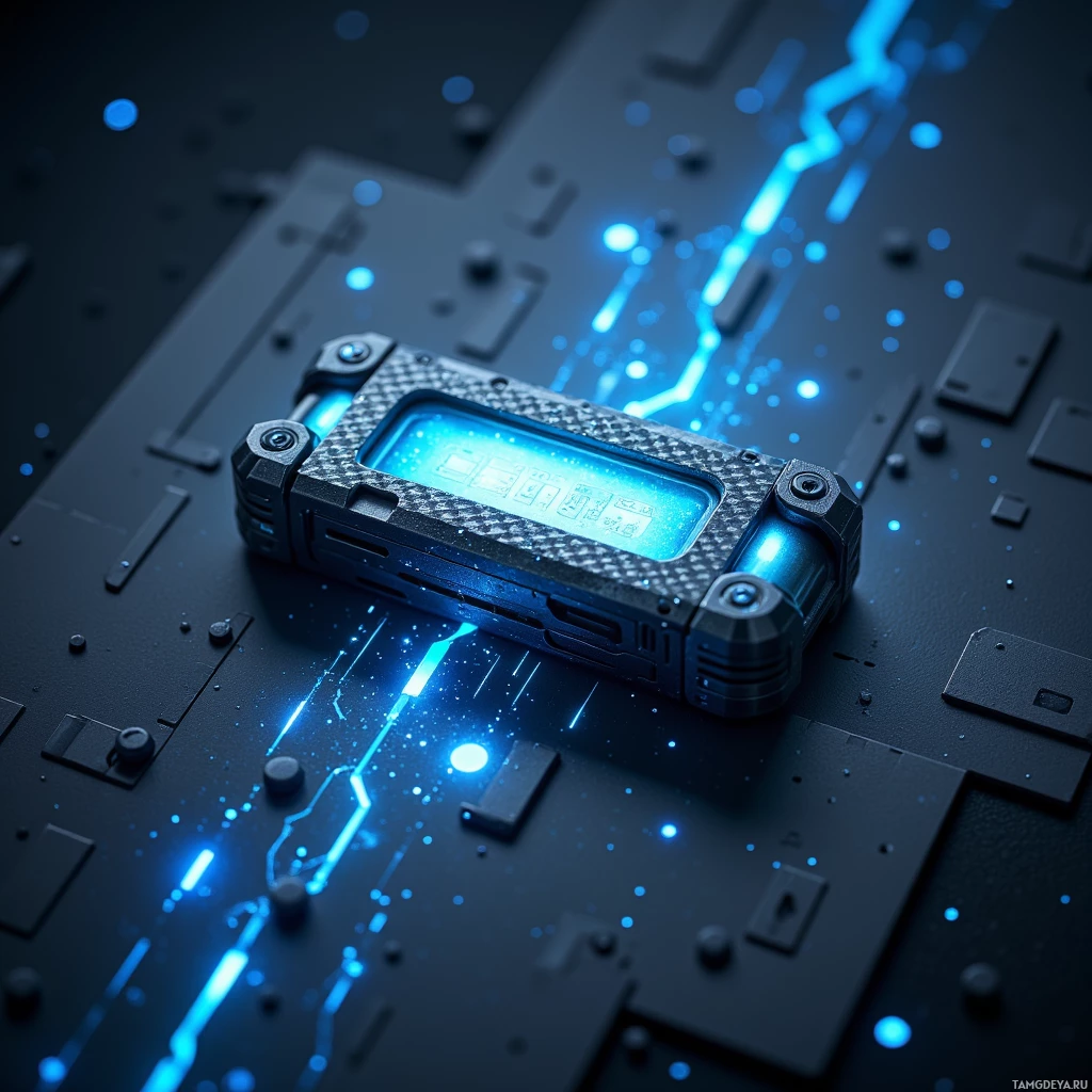 На контуре печатной платы покоится футуристическое устройство с синим свечением.