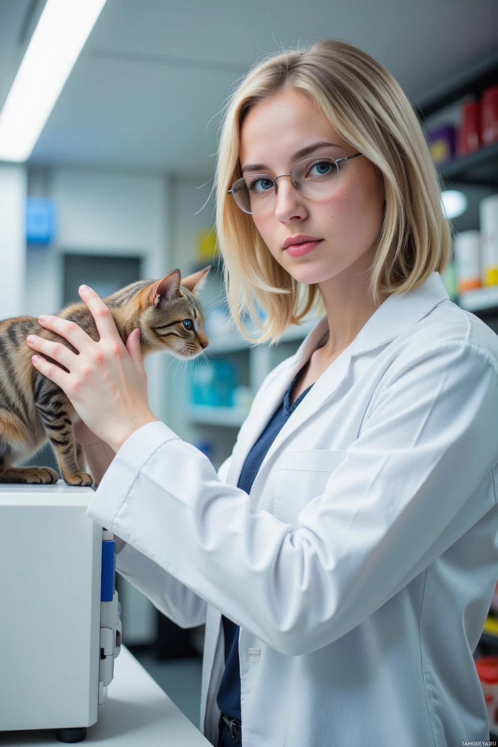 В ветеринарной клинике человек в халате бережно держит кошку.