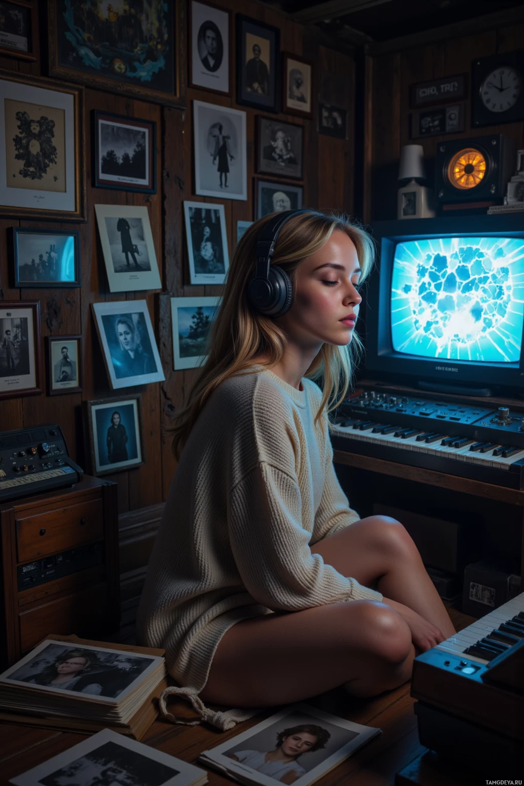 В полумраке комнаты, где на стене висят рамки с фотографиями, сидит человек в наушниках. Перед ним – клавиатура, а на старом телевизоре – яркое изображение.