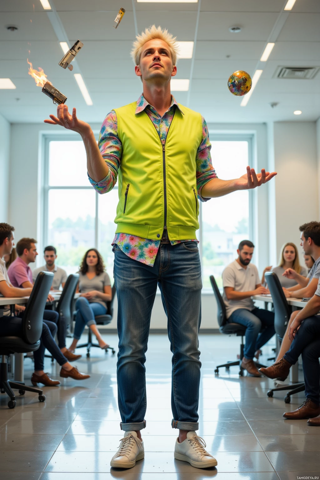 Мужчина в яркой рубашке и джинсах стоит в комнате, где за столами сидят люди, держа в руке горящий предмет.