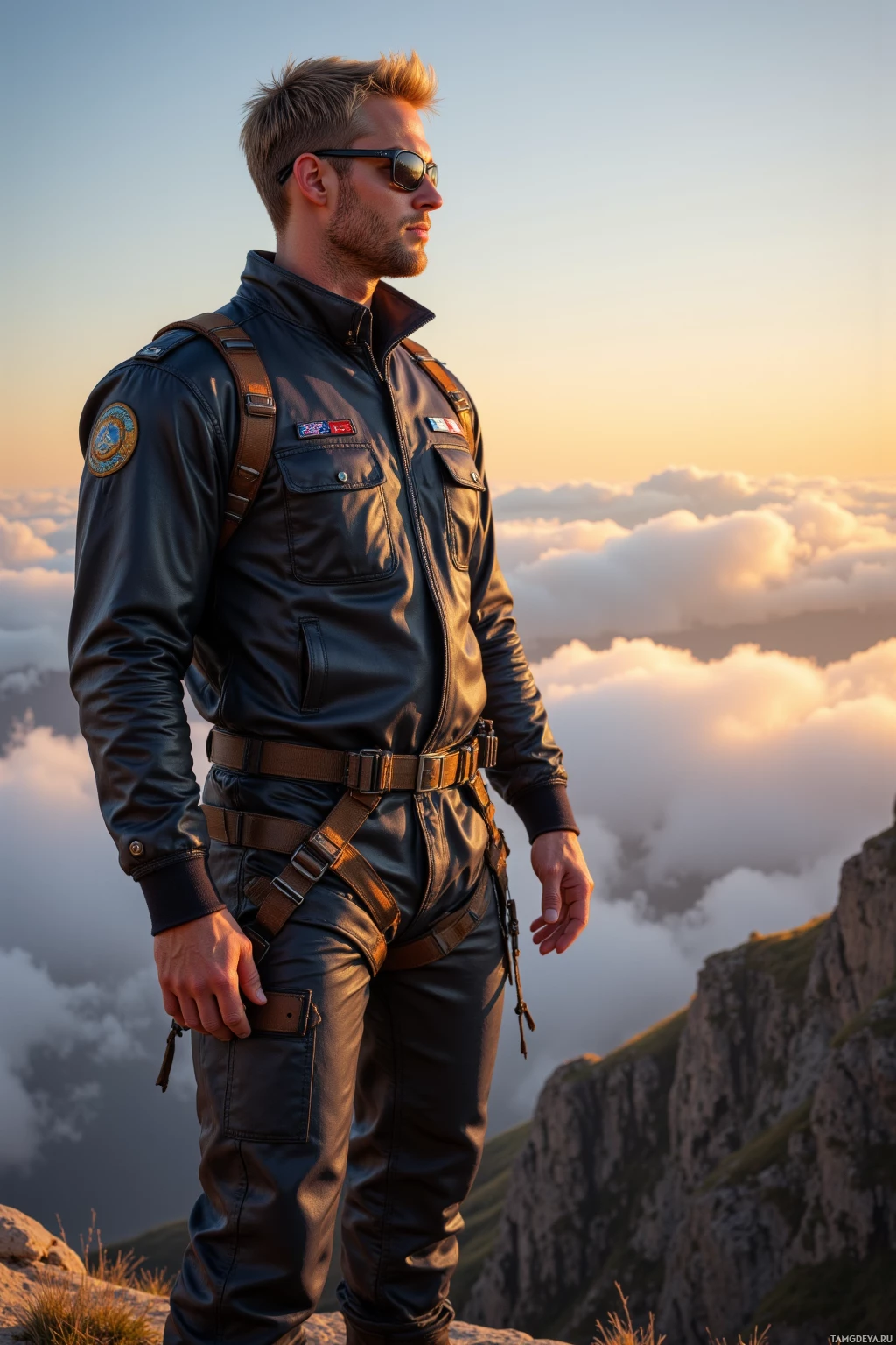 Мужчина в кожаной куртке и солнцезащитных очках стоит на вершине горы, глядя вдаль.