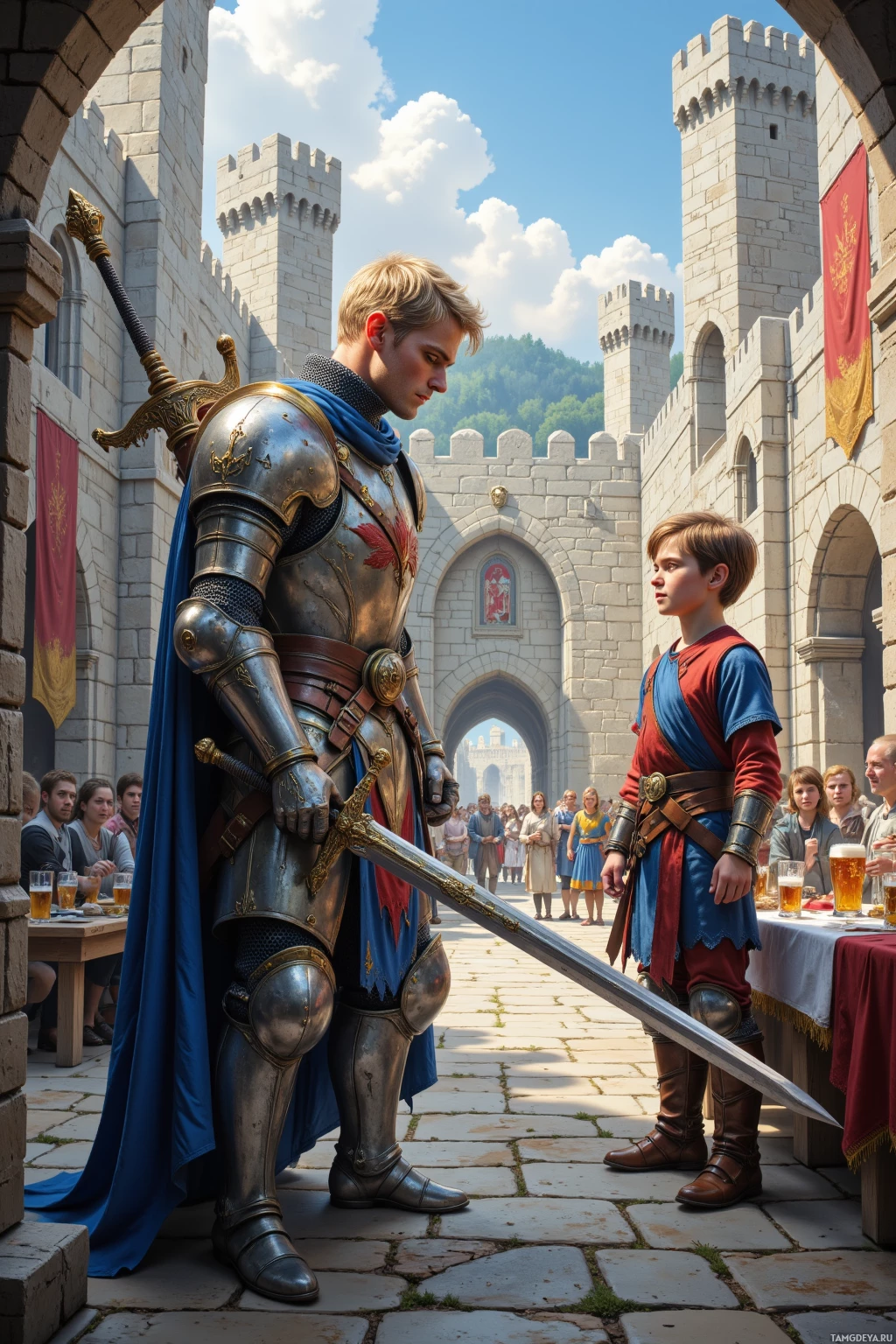 Рыцарь в доспехах стоит рядом с юным мальчиком в средневековой одежде, на заднем плане толпа и замок.