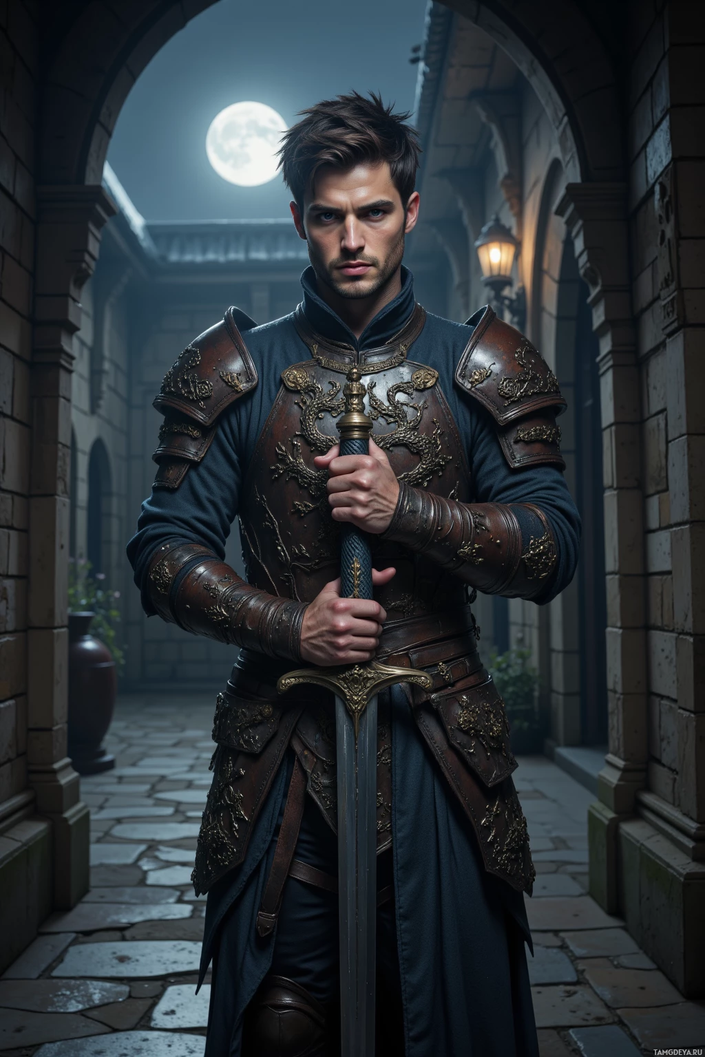 Рыцарь в богато украшенных доспехах стоит в каменной арке под полной луной.