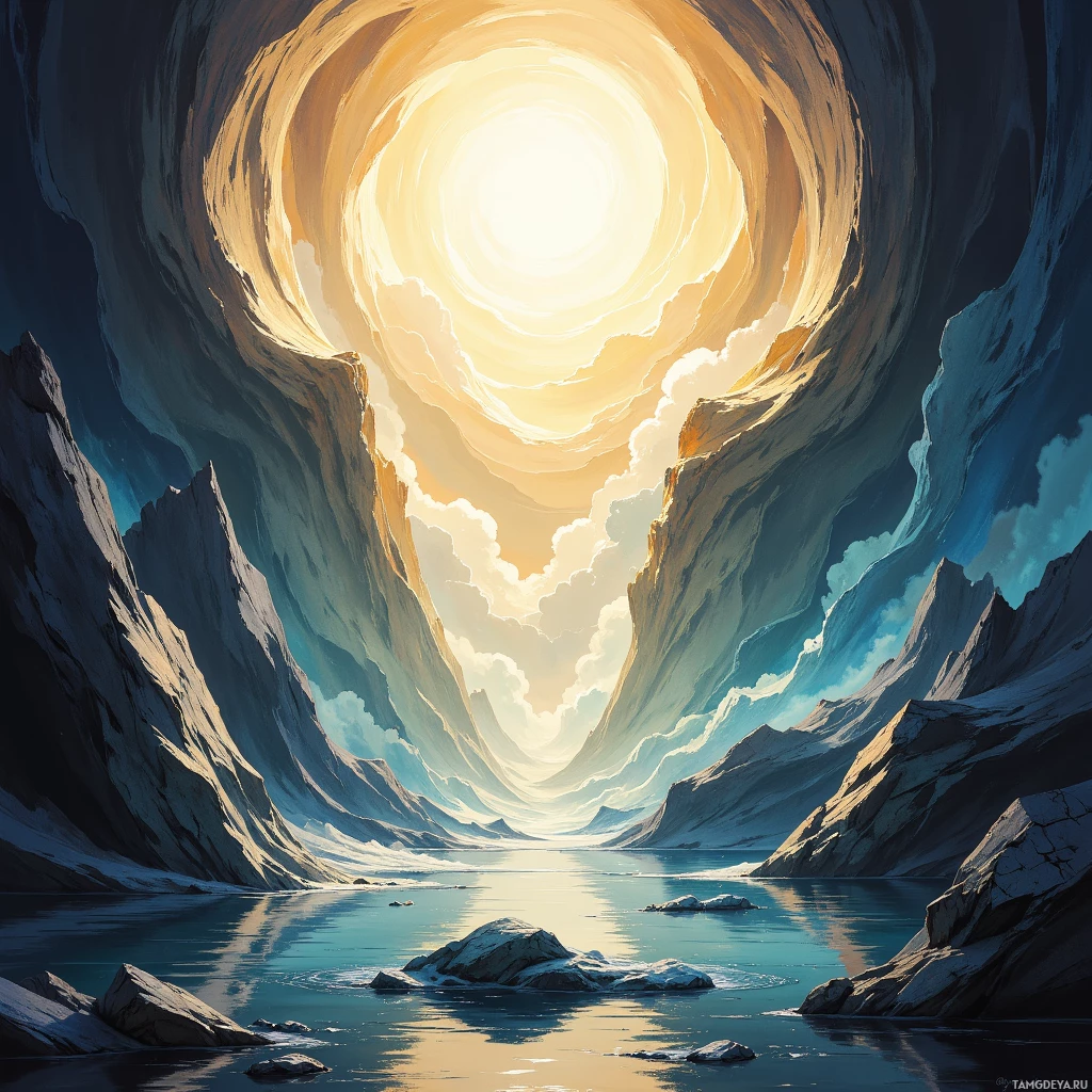 Спокойный пейзаж с тихой гладью воды, окружённой величественными, скалистыми горами под драматичным небом, освещённым ярким источником света.