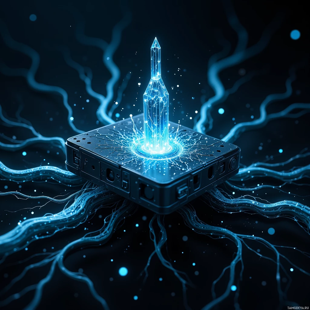 Светящееся, футуристическое устройство с кристаллическим строением, излучающее голубой свет и линии энергии на темном фоне.