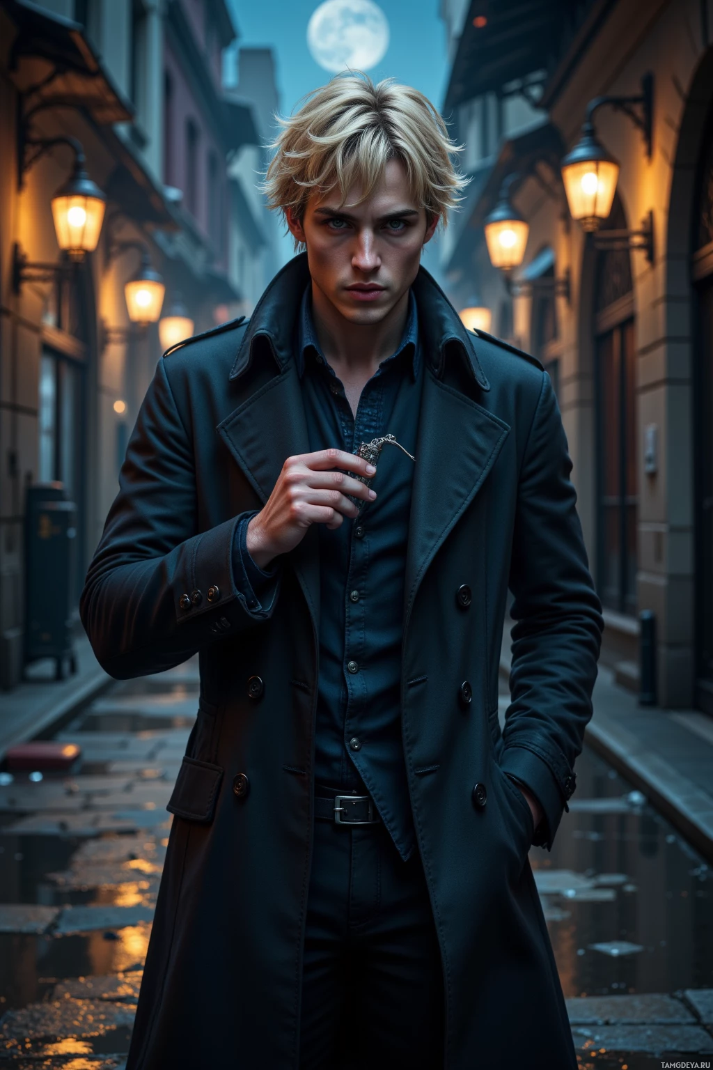 Realistic high quality photo. A 29‑year‑old male rogue with messy blonde hair and piercing red eyes, wearing a dark tailored trench coat with flapping cuffs, stands in a dimly lit urban alley at night, holding a silver lockpick, his expression playful and confident, surrounded by scattered streetlamps reflecting on wet pavement with moonlight casting a silver glow.
